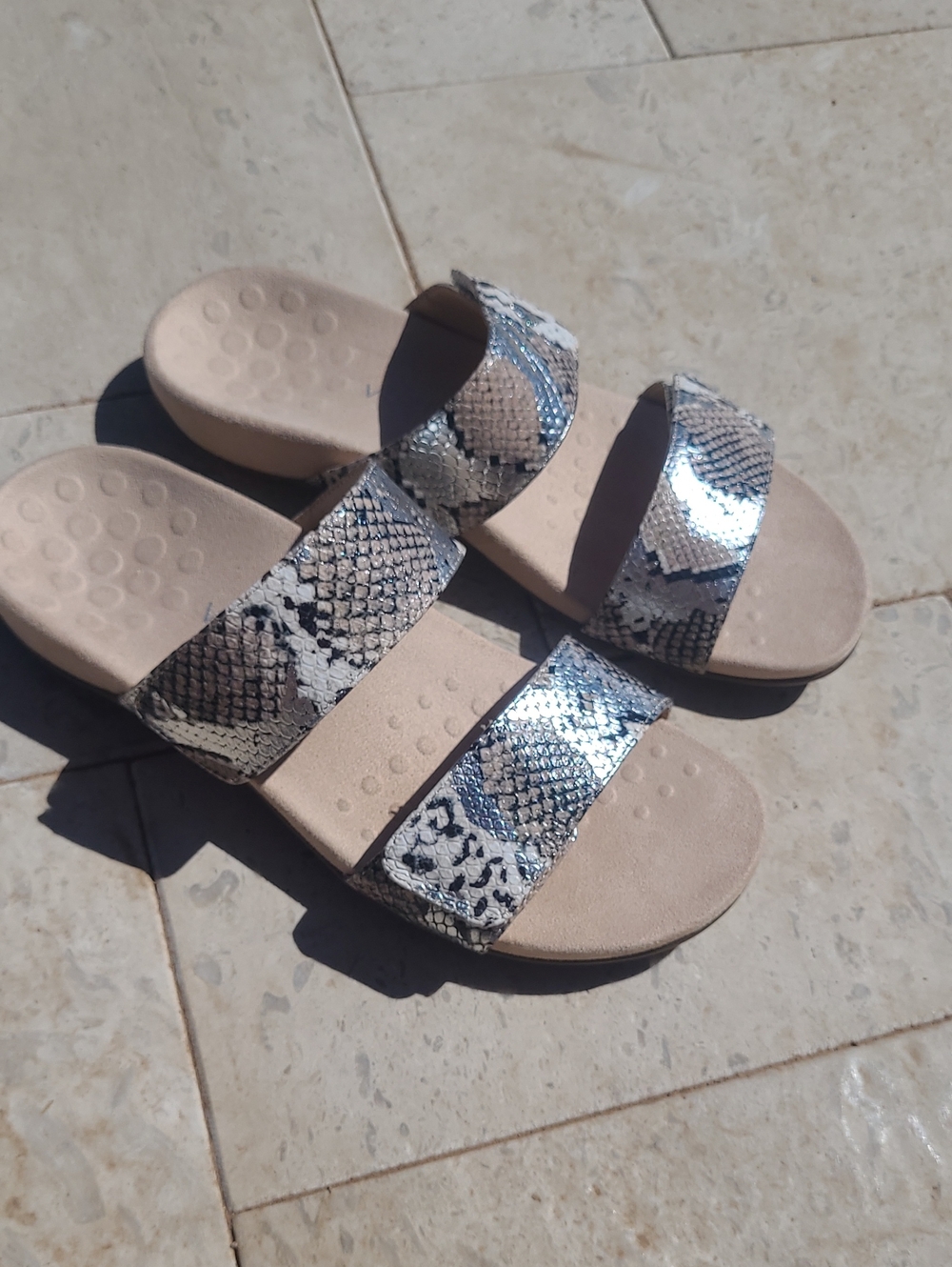 Snake Print Double-Strap Slide Sandals in Neutral Tones